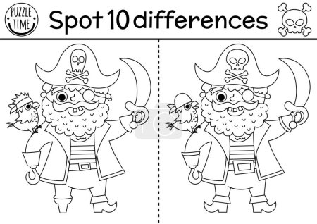 Illustration for Black and white find differences game for children. Sea adventures line educational activity with cute pirate with parrot and sable. Treasure island printable worksheet, coloring page for kid - Royalty Free Image