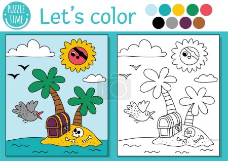 Pirate coloring page for children with palm trees, treasure chest. Vector treasure island outline illustration. Color book for kids with colored example. Drawing skills printable workshee