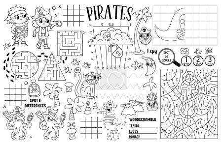 Vector pirate placemat for kids. Treasure hunt printable activity mat with maze, tic tac toe charts, connect the dots, find difference. Sea adventure black and white play mat or coloring pag