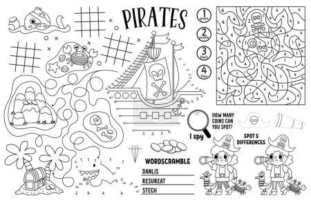 Ilustración de Vector pirate placemat for kids. Treasure hunt printable activity mat with maze, tic tac toe charts, connect the dots, find difference. Sea adventure black and white play mat or coloring pag - Imagen libre de derechos