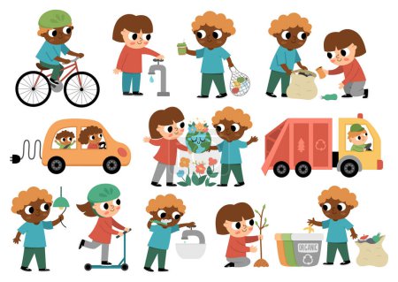 Ecological vector set with children. Cute eco friendly kids collection. Boys and girls saving water, energy, seeding plants, caring of environment, sorting waste, using alternative transport. Earth day concep
