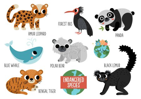 Illustration for Vector endangered species set. Cute extinct animals collection. Funny illustration for kids with amur leopard, blue whale, black lemur, polar bear, panda, forest ibis. Nature protection concep - Royalty Free Image