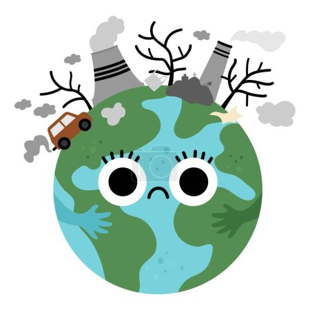 Vector earth for kids. Earth day illustration with sad kawaii polluted planet. Environment friendly icon with globe and power plant, waste on top. Ecological concep