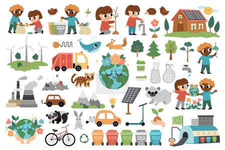 Illustration for Vector ecological set for kids. Earth day collection with cute children, planet, waste recycling concept. Environment friendly pack with alternative energy, solar panels, endangered animal - Royalty Free Image