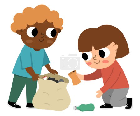 Téléchargez les illustrations : Cute eco friendly kids collecting waste. Boy and girl caring of environment, sorting rubbish. Earth day illustration. Ecological vector concept with children picking up and gathering tras - en licence libre de droit