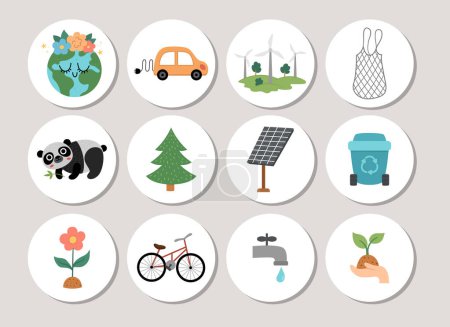 Ilustración de Ecological highlight icons set with cute planet, waste recycling, seeding, alternative energy concept. Vector Earth day round print templates. Eco friendly design for tag - Imagen libre de derechos