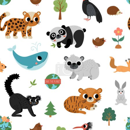 Illustration for Vector endangered species seamless pattern. Cute extinct animals repeat background. Funny digital paper for kids with amur leopard, blue whale, black lemur, polar bear, pand - Royalty Free Image