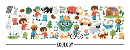 Illustration for Vector ecological horizontal set with cute children caring of nature. Earth day card template for banners, invitations. Cute environment friendly illustration with planet, waste recycling concep - Royalty Free Image