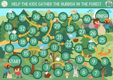 Ecological dice board game for children with kids gathering rubbish in the forest. Earth day boardgame.  Waste recycling printable activity or worksheet. Eco awareness or zero waste activit