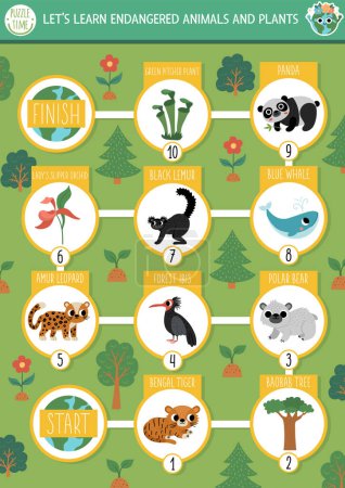 Illustration for Ecological dice board game for children with endangered animals and plants. Earth day boardgame. Printable activity or worksheet with disappearing species. Eco awareness activit - Royalty Free Image