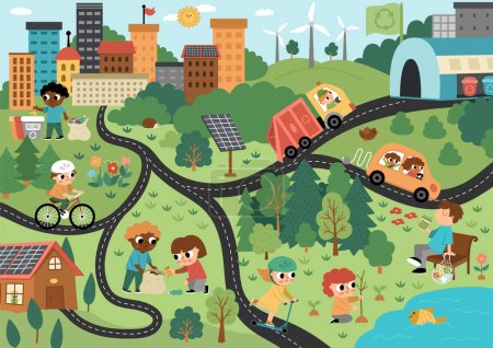 Téléchargez les illustrations : Vector eco city scene. Ecological town landscape with alternative transport, energy concept. Green city illustration with waste recycling plant, children caring of environment. Earth day pictur - en licence libre de droit