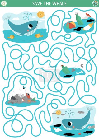 Illustration for Ecological maze for children with endangered animal concept. Save the whale game. Earth day preschool activity. Eco awareness labyrinth puzzle. Nature protection printable workshee - Royalty Free Image