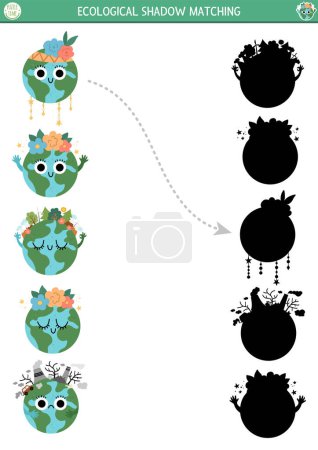 Ecological shadow matching activity with cute planets. Earth day puzzle. Find correct silhouette printable worksheet or game. Eco awareness page for kids with world protection concep