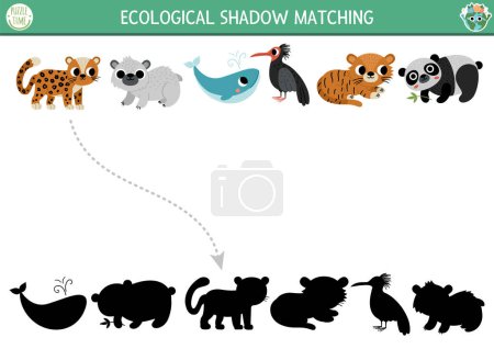 Illustration for Ecological shadow matching activity with endangered species. Earth day puzzle. Find correct silhouette printable worksheet or game. Eco awareness page for kids with extinct animal - Royalty Free Image