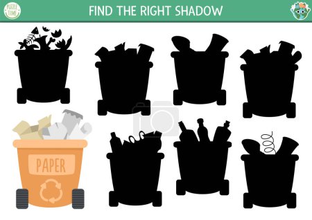 Ecological shadow matching activity with waste sorting concept. Earth day puzzle. Find correct silhouette printable worksheet or game. Eco awareness page for kids with rubbish bin