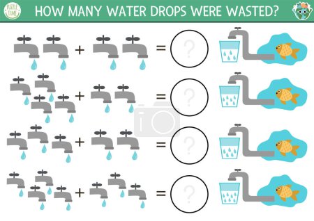 Ilustración de How many drops game with taps. Ecological math addition activity for preschool children. Simple eco earth day printable counting worksheet for kids with water saving concep - Imagen libre de derechos