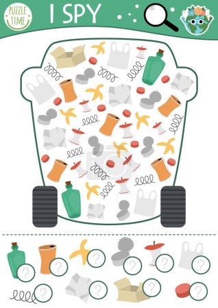 Ilustración de Ecological I spy game for kids. Searching and counting activity with garbage and rubbish bin. Earth day printable worksheet for preschool children. Simple zero waste or sorting spotting puzzl - Imagen libre de derechos