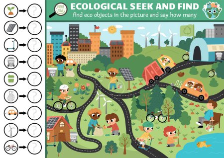 Ilustración de Vector ecological searching game with eco city landscape. Spot hidden objects in the picture and say how many. Simple earth day seek and find and counting printable activity for kid - Imagen libre de derechos