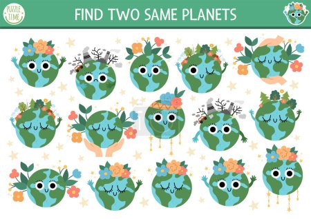 Find two same planets. Ecological matching activity for children. Eco awareness educational quiz worksheet for kids for attention skills. Earth day simple printable gam