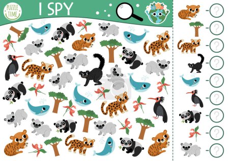 Illustration for Ecological I spy game for kids. Searching and counting activity with extinct animals. Earth day printable worksheet for preschool children. Simple eco awareness puzzle with endangered animal - Royalty Free Image
