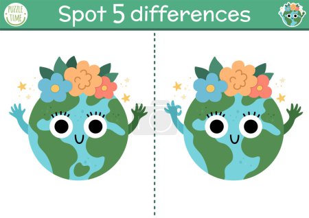 Find differences game for children. Ecological educational activity with cute planet. Earth day puzzle for kids with funny character. Eco awareness or zero waste printable worksheet or pag