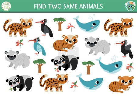 Illustration for Find two same endangered animals. Ecological matching activity for children. Eco awareness educational quiz worksheet for kids for attention skills. Simple printable gam - Royalty Free Image