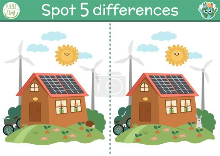Ilustración de Find differences game for children. Ecological educational activity with cute house, solar panels, wind turbines. Earth day puzzle for kids. Eco awareness or zero waste printable worksheet, pag - Imagen libre de derechos