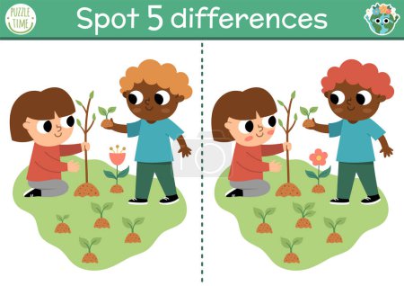 Téléchargez les illustrations : Find differences game. Ecological educational activity with cute children planting trees. Earth day puzzle for kids with funny character. Eco awareness or zero waste printable worksheet or pag - en licence libre de droit