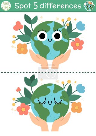 Ilustración de Find differences game for children. Ecological educational activity with cute planet in hands. Earth day puzzle for kids with funny character. Eco awareness, zero waste printable worksheet or pag - Imagen libre de derechos