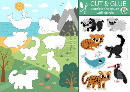 Illustration for Vector ecological cut and glue activity. Crafting game with nature scene and endangered animals. Fun printable worksheet. Find right piece of the puzzle. Earth day complete the picture pag - Royalty Free Image