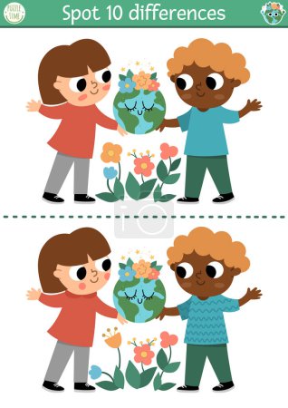 Illustration for Find differences game. Ecological educational activity with cute children holding planet with flowers. Earth day puzzle for kids. Eco awareness or zero waste printable worksheet or pag - Royalty Free Image