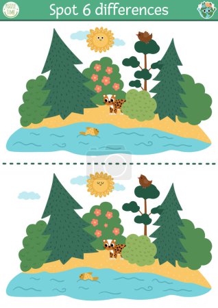 Illustration for Find differences game for children. Ecological educational activity with cute nature forest scene, leopard. Earth day puzzle for kids. Eco awareness printable worksheet with endangered anima - Royalty Free Image