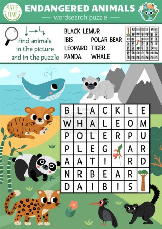 Illustration for Vector ecological wordsearch puzzle for kids with endangered species. Earth day word search quiz with extinct animals in the wild. Eco awareness educational activity. Cross word with panda, leopar - Royalty Free Image