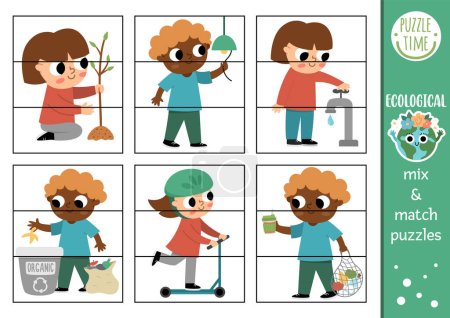 Illustration for Vector ecological mix and match puzzle with cute kids caring of environment. Matching eco awareness activity for preschool kids. Educational printable game with zero waste, eco friendly concep - Royalty Free Image