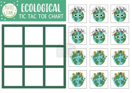 Ilustración de Vector ecological tic tac toe chart with smiling and sad polluted planets. Eco awareness board game playing field. Funny Earth day printable worksheet. Noughts and crosses grid - Imagen libre de derechos