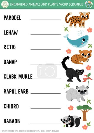 Illustration for Vector extinct animals and plants word scramble activity page. English language game with whale, leopard, panda for kids. Ecological awareness quiz. Educational printable workshee - Royalty Free Image