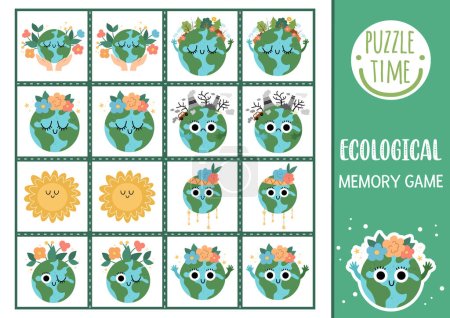 Ilustración de Vector ecological memory game cards with cute planets. Eco awareness matching activity. Remember and find correct card. Simple Earth day printable worksheet for kids with kawaii star - Imagen libre de derechos