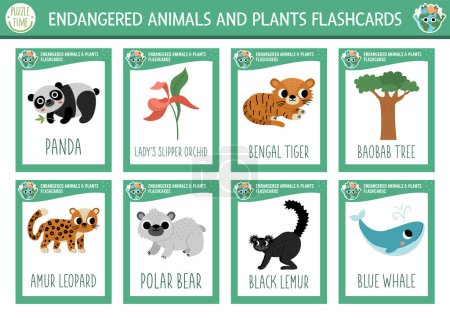 Illustration for Vector flash cards set with extinct animals. Ecological English language game with whale, panda, leopard. Eco awareness flashcards for children. Simple educational printable worksheet - Royalty Free Image