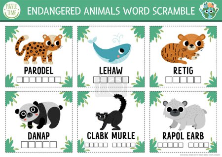 Illustration for Vector extinct animals word scramble activity page. English language game with whale, leopard, panda for kids. Ecological awareness quiz flash cards. Educational printable workshee - Royalty Free Image