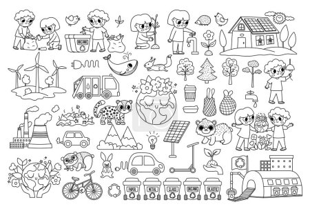 Téléchargez les illustrations : Vector black and white ecological set for kids. Earth day line collection with cute children, planet, waste recycling concept. Environment friendly coloring pack with alternative energy, solar panel - en licence libre de droit