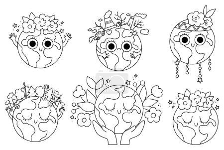 Illustration for Vector black and white earth set for kids. Earth day line collection with cute kawaii smiling planets. Environment friendly icons with globe and flowers on top. Ecological coloring pag - Royalty Free Image