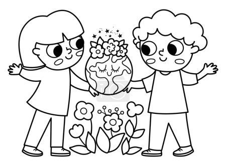 Illustration for Cute black and white eco friendly kids holding smiling earth in hands. Line boy and girl caring of planet and environment. Earth day illustration. Ecological vector coloring page with childre - Royalty Free Image