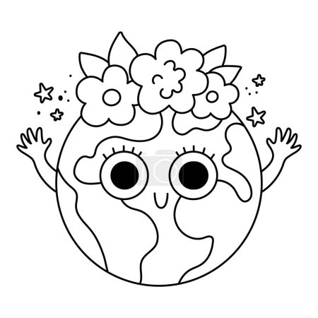 Illustration for Vector black and white earth for kids. Earth day line illustration with cute kawaii smiling planet. Environment friendly icon with globe and flowers on top. Ecological coloring pag - Royalty Free Image