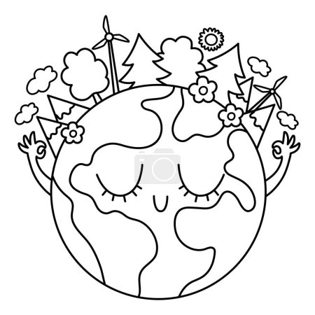 Illustration for Vector black and white earth for kids. Earth day line illustration with cute kawaii smiling planet with closed eyes. Environment friendly icon or coloring page with globe and fores - Royalty Free Image