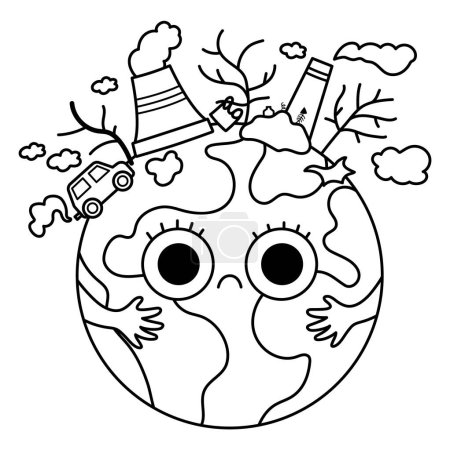 Illustration for Vector black and white earth for kids. Earth day line illustration with sad kawaii polluted planet. Environment friendly icon or coloring page with globe and power plant, wast - Royalty Free Image