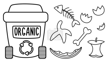 Ilustración de Black and white rubbish bin for organic waste with different garbage. Waste recycling and sorting concept or coloring page. Vector trash container and litter illustration. Ecological line se - Imagen libre de derechos
