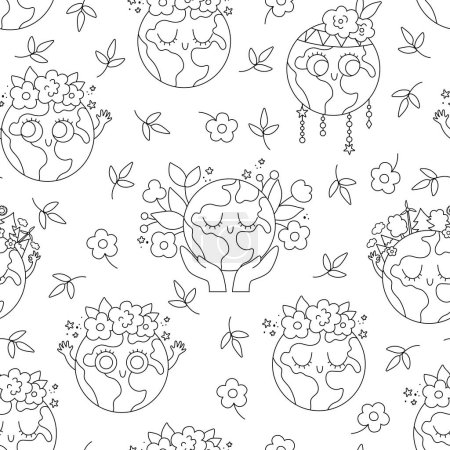 Illustration for Vector black and white earth seamless pattern for kids. Earth day repeat background with cute kawaii smiling planets. Environment friendly digital paper, coloring page with globe and fores - Royalty Free Image