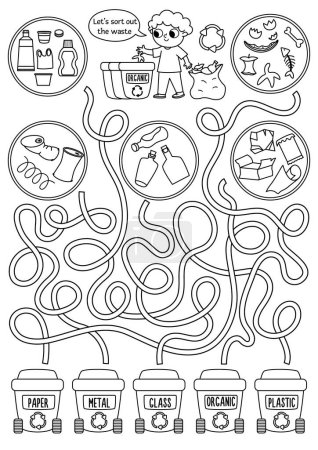 Ecological black and white maze for children with kid sorting out the rubbish. Earth day preschool activity. Eco awareness labyrinth game. Nature protection printable coloring pag