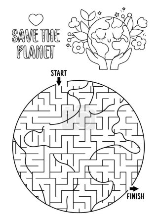 Illustration for Ecological black and white geometric maze for children shaped as a planet. Earth day preschool activity. Eco awareness labyrinth game, puzzle. Nature or world protection printable coloring pag - Royalty Free Image