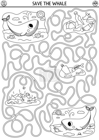 Illustration for Ecological black and white maze for children with endangered animal concept. Save the whale game. Earth day preschool activity. Eco awareness labyrinth coloring page. Nature protection printabl - Royalty Free Image
